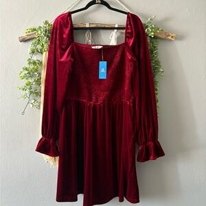 Cupshe Velour Red Peasant Top Long Sleeve dress